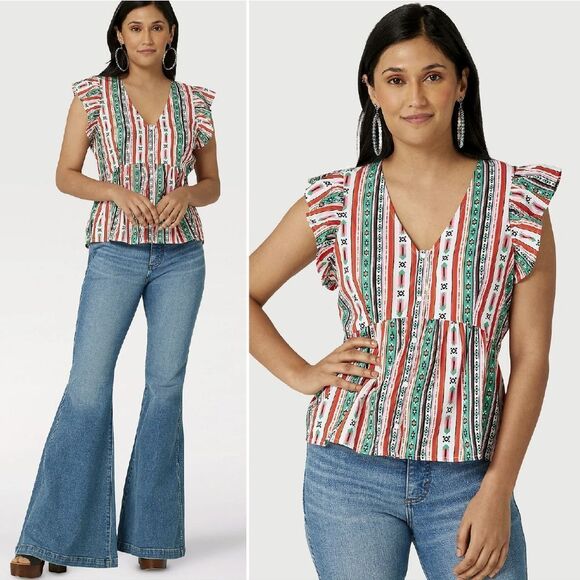 Wrangler Retro Southwestern Short Ruffle Sleeve Pearl Button Down Blouse Medium - Picture 5 of 13